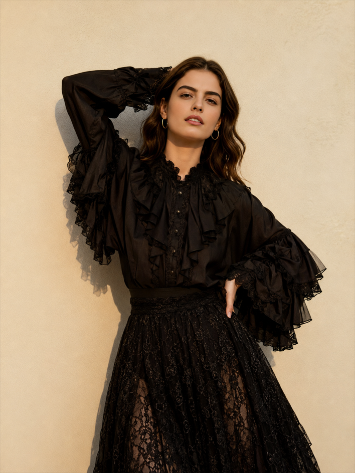 Dark Frill Batwing Sleeve Top