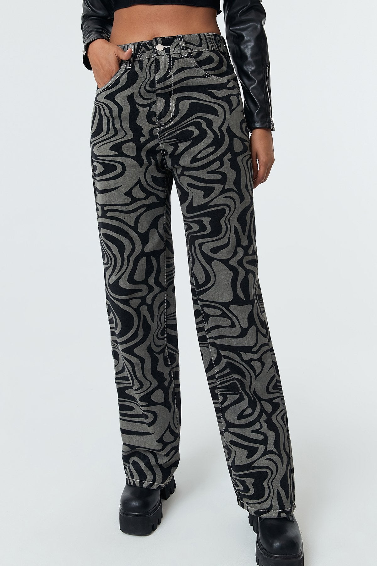 Wave Print High Waist Straight-leg Jeans