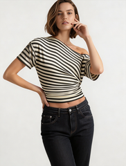 Vintage Asymmetrical Shoulder Striped Tie Waist T-shirt