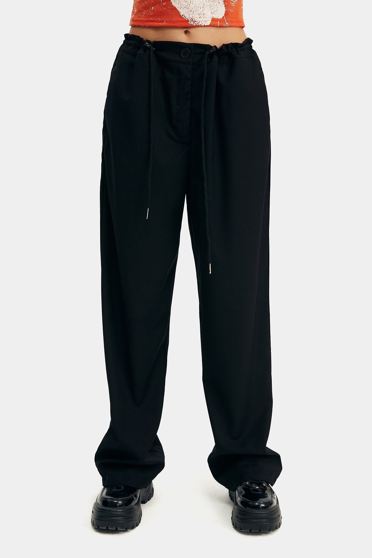 High Waist Drawstring Solid Wide Leg Pants