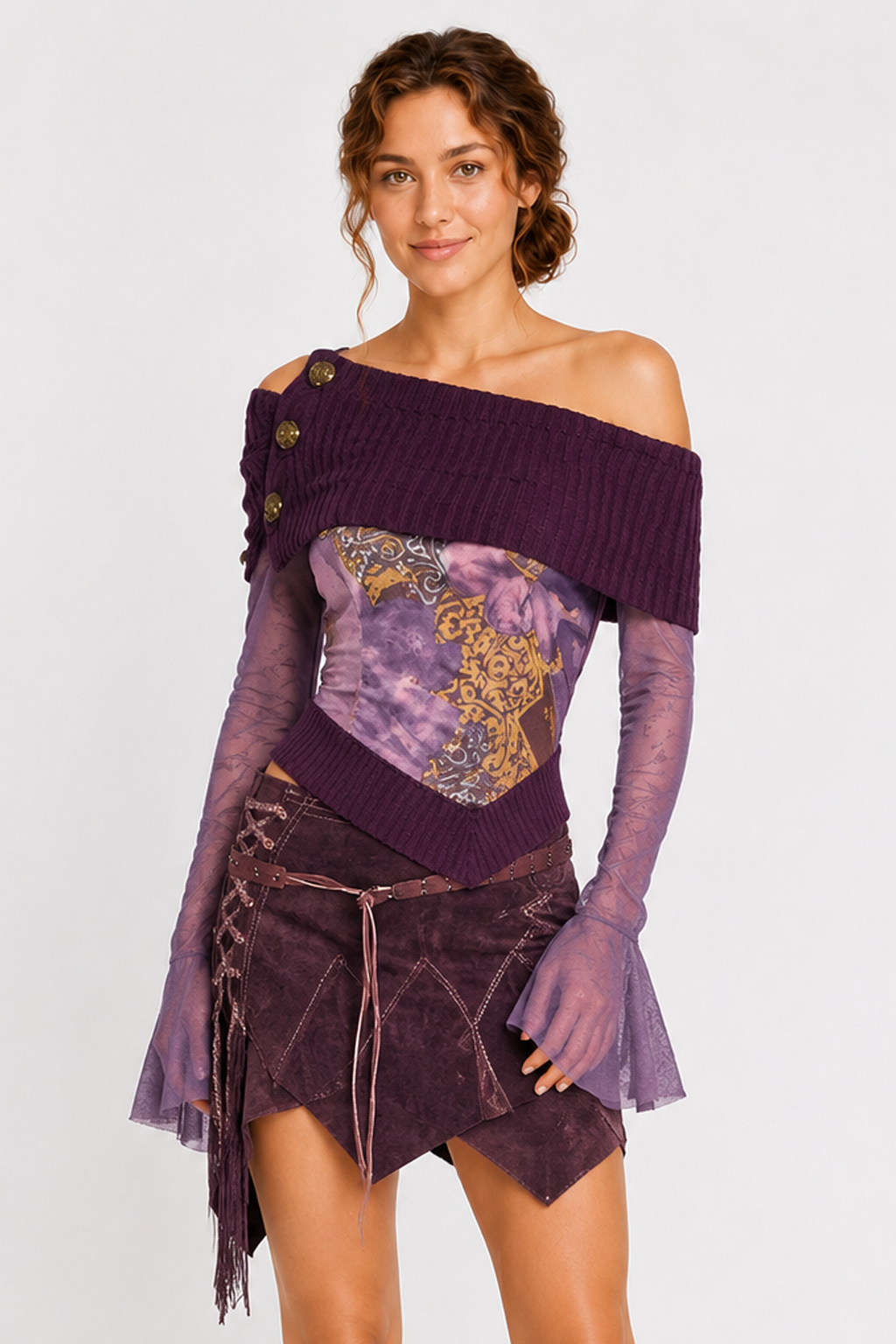 Mesh Paneled Fitted Short Length Blouse