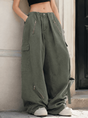 Army Green Parachute High Waist Loose Cargo Pants