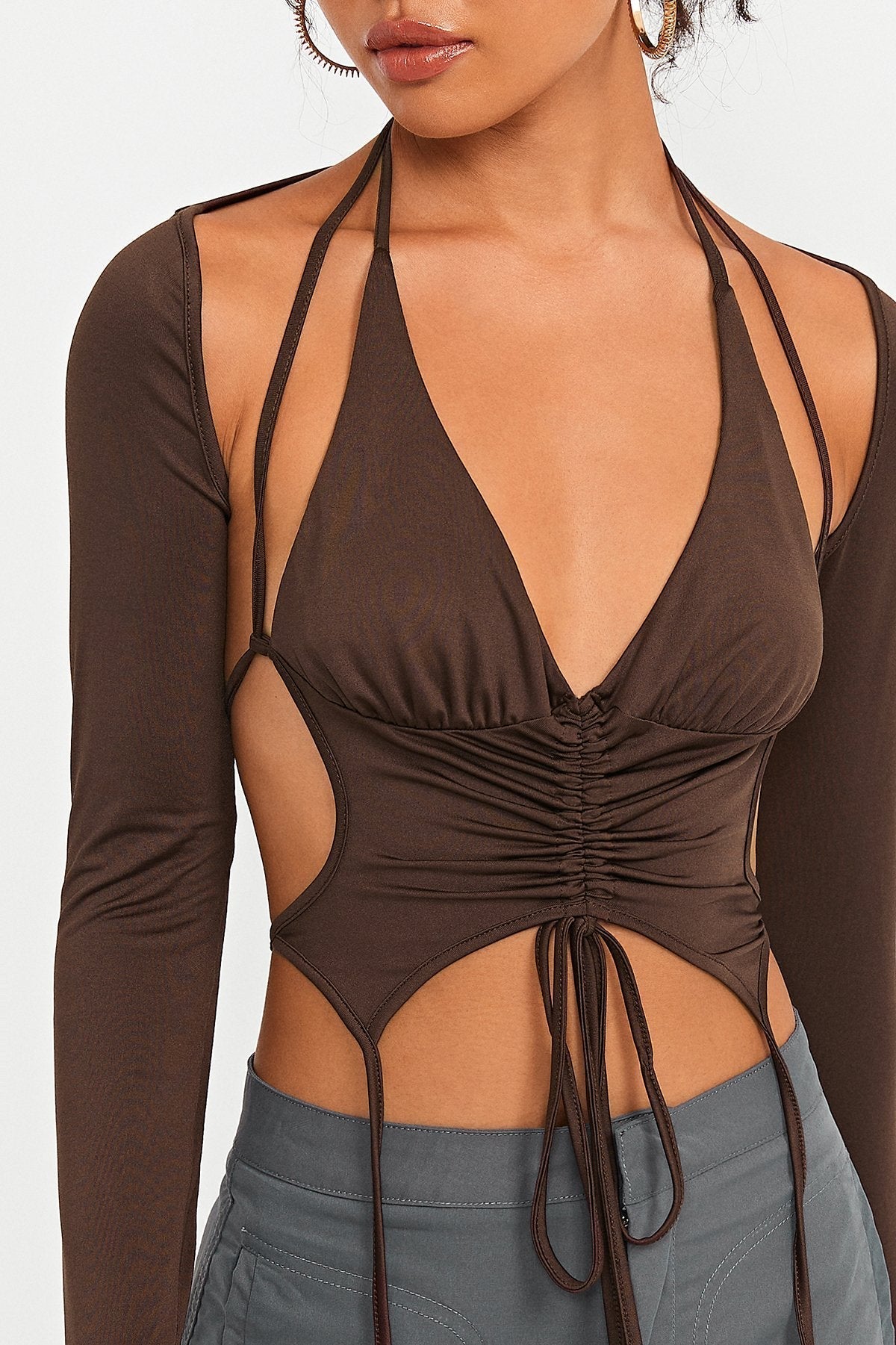Two Piece Open Back Drawstring Ruched Crop Top