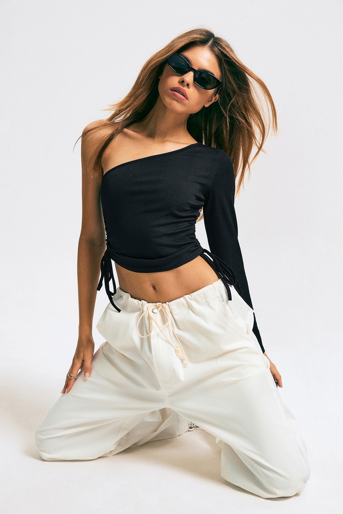 One Shoulder Ribbed Drawstring Long Sleeve Top