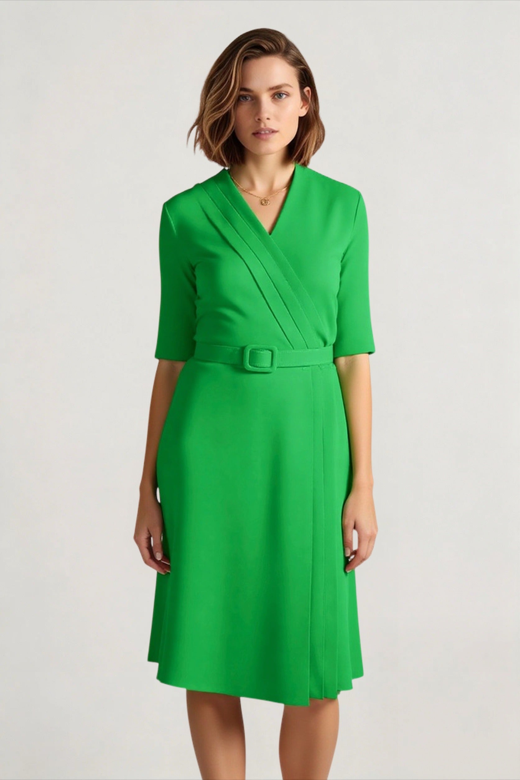 V-Neck Waistband Short Sleeve Solid Pencil Office Dress