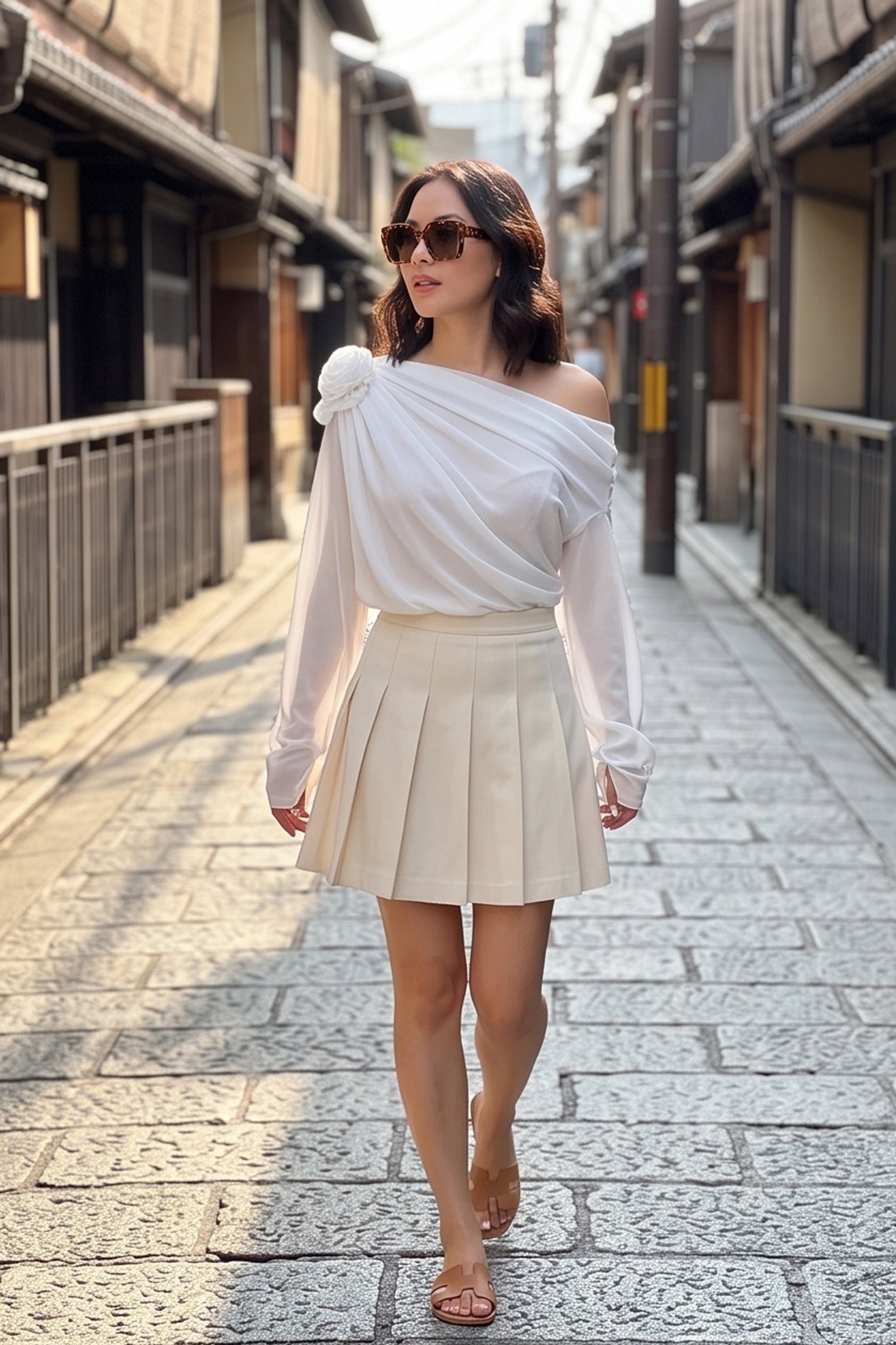 Chiffon Floral Off-the-Shoulder Fitted Blouse