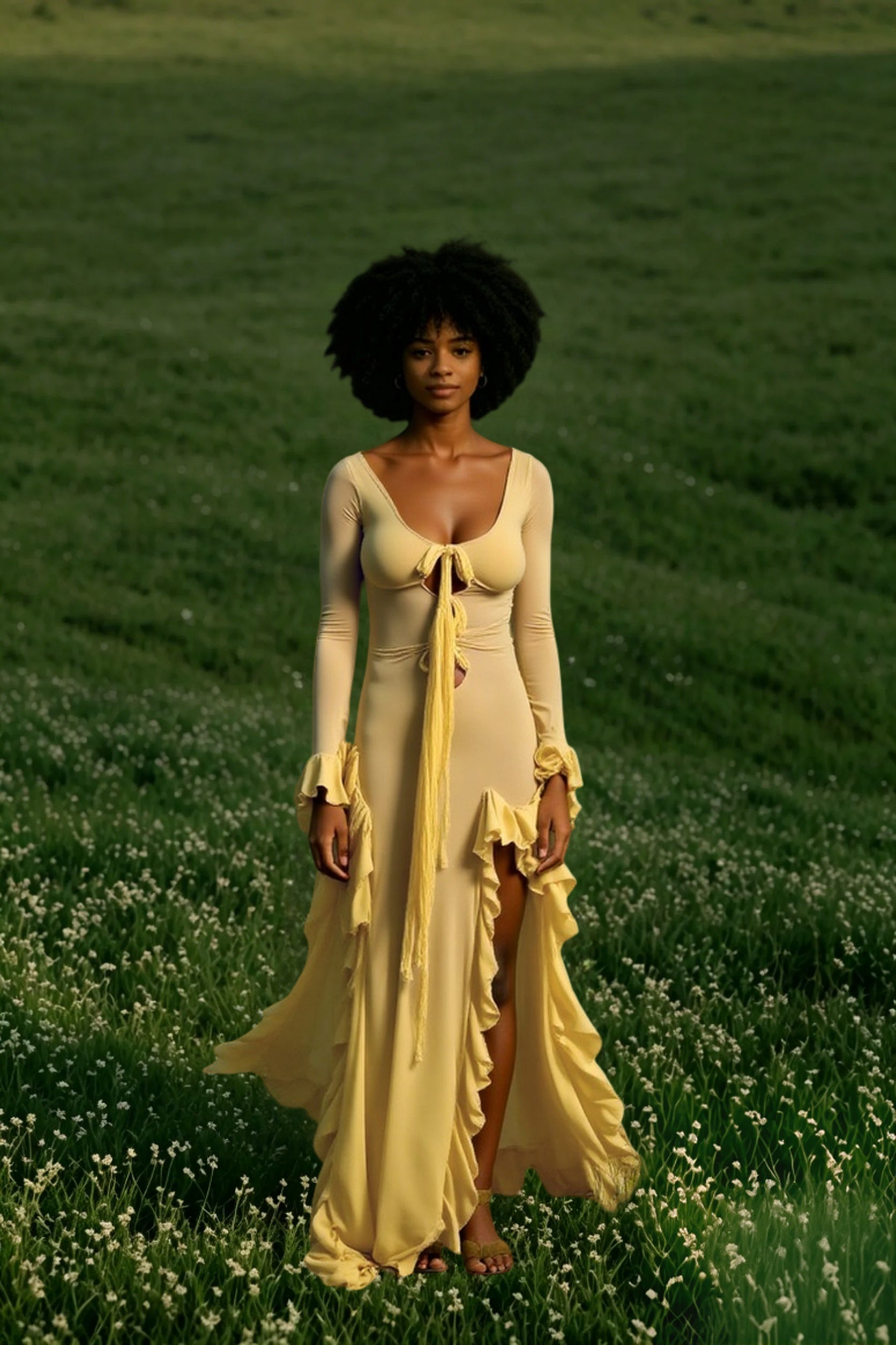 Ruffled Slit V-neck Maxi Dress