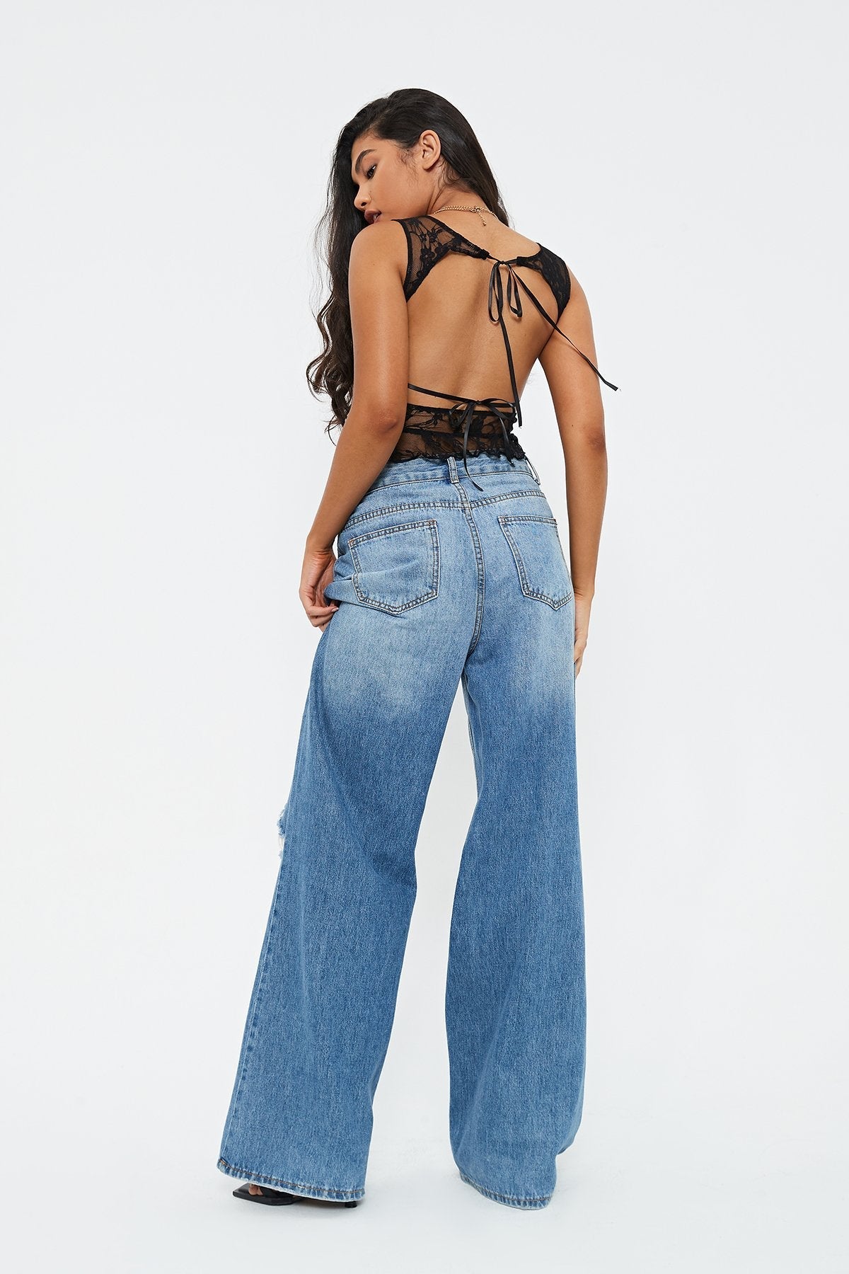 Open Back Tie Detail Ruffle Trim Lace Top