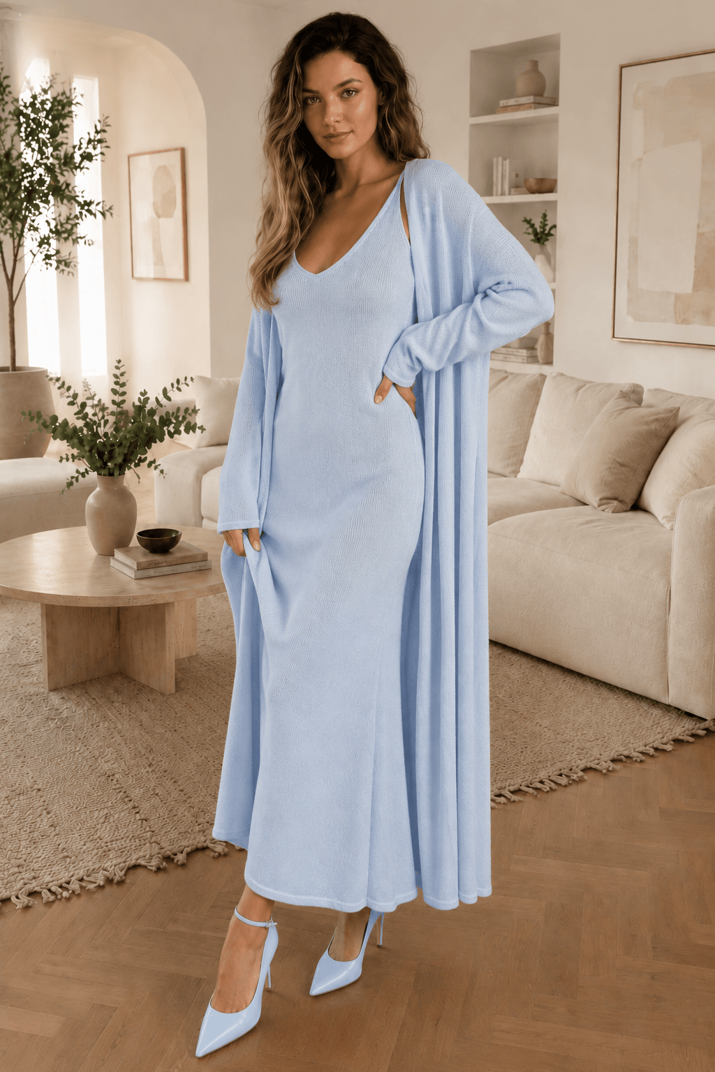 Soft Knit Cutout Tank Dress Long Sleeve Cardigan Two Piece Set