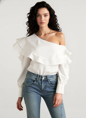 Vintage Off-Shoulder Ruffled White Blouse