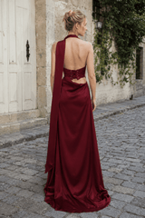 Halter Satin Elegant Solid Color Prom Dress