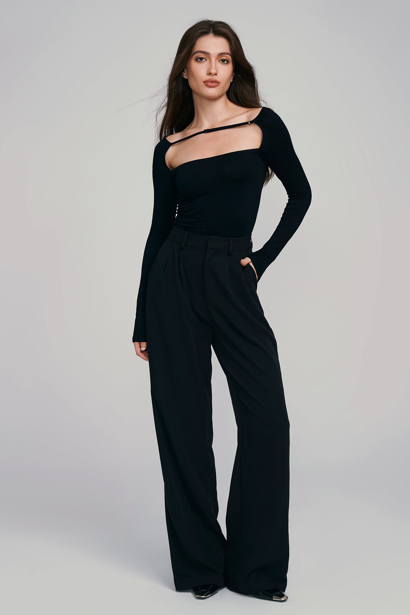 High Waist Dual Pocket Draped Wide Leg Pants