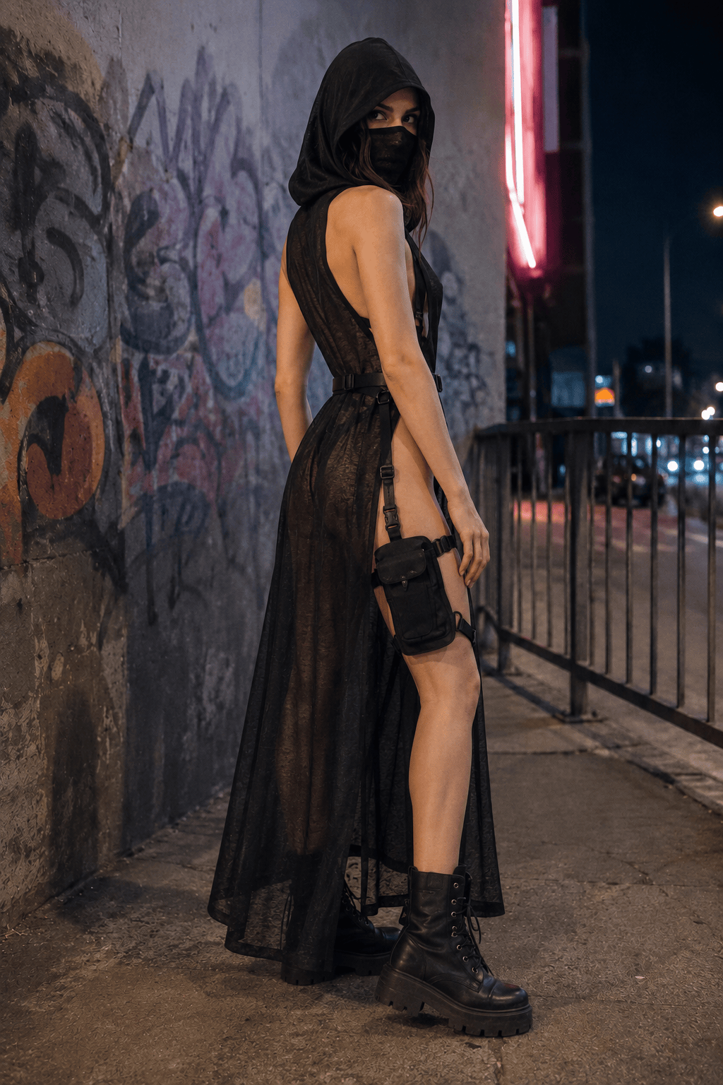 Attractive Rebel Net Hollow Hooded Full-Length Dress