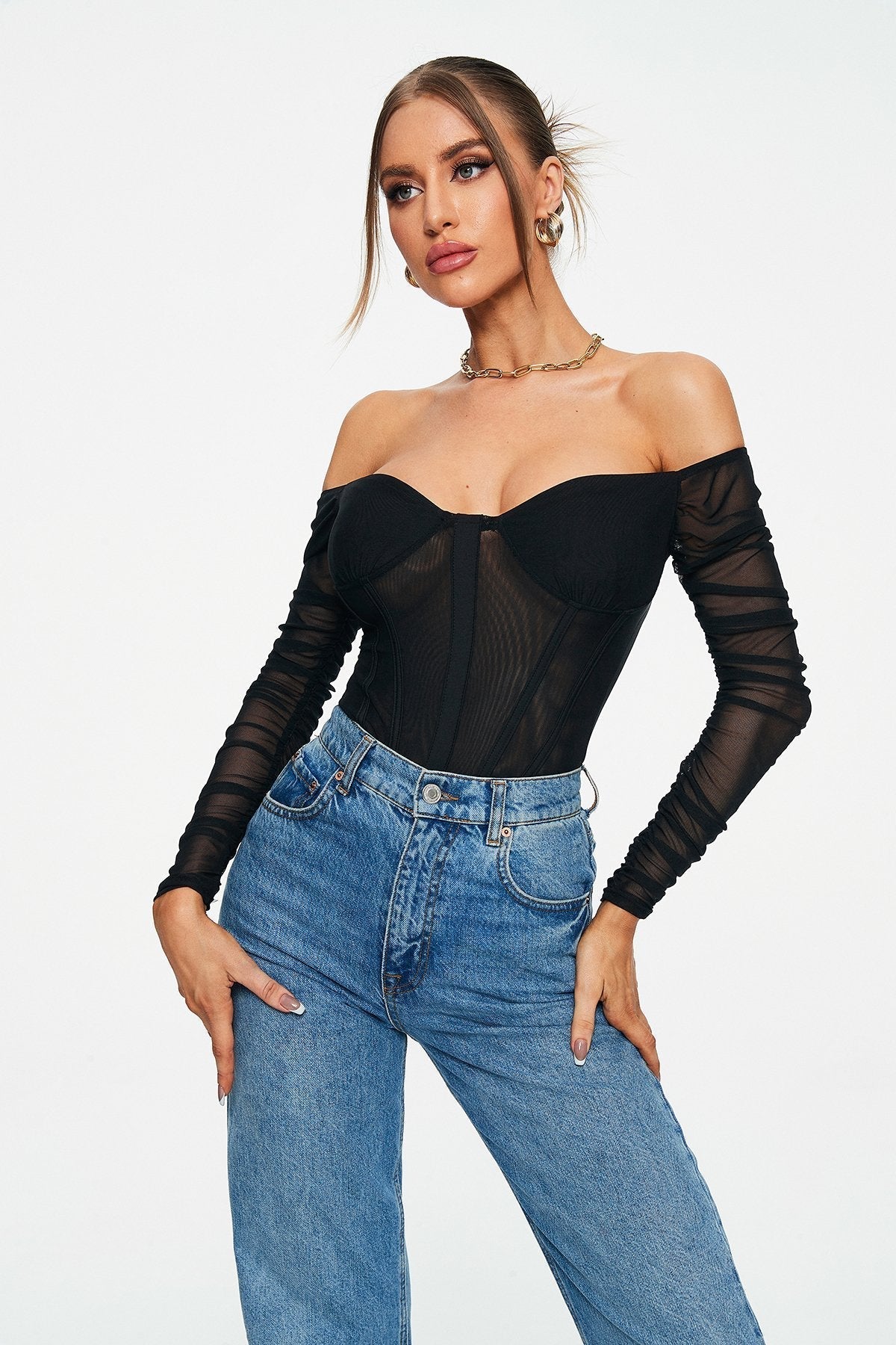 Off Shoulder Mesh Splicing Long Sleeve Bodysuit