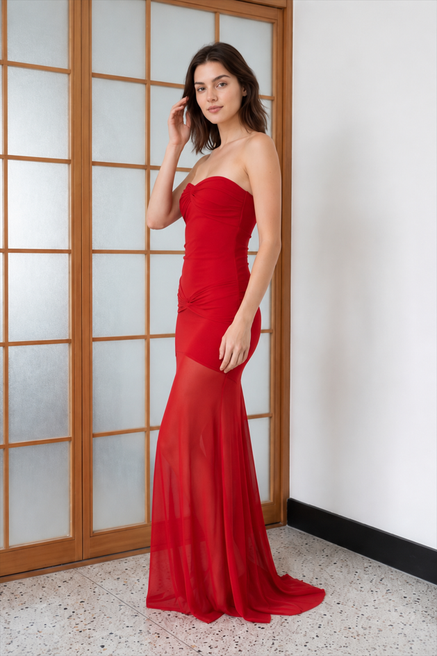 Mesh Patchwork Strapless Shirred Backless Bodycon Maxi Dress