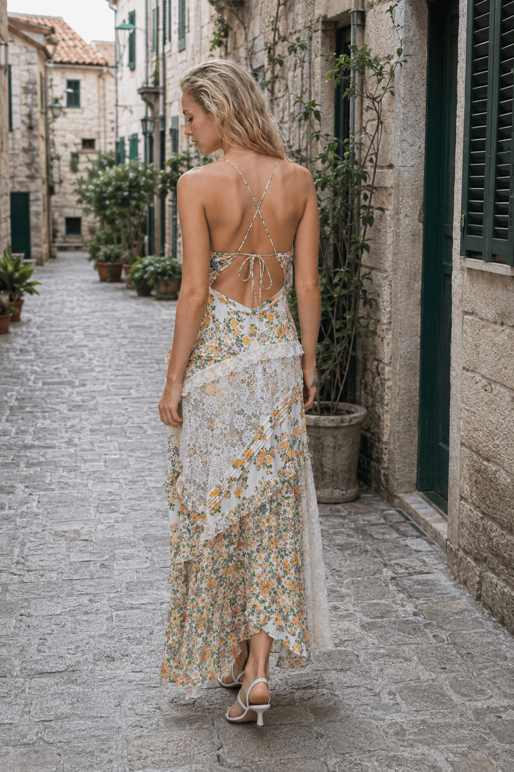 Deep V Ruffle Floral Lace Patchwork Cami Maxi Dress