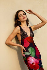 Printed Lace Panel Low Back Vacation Dress