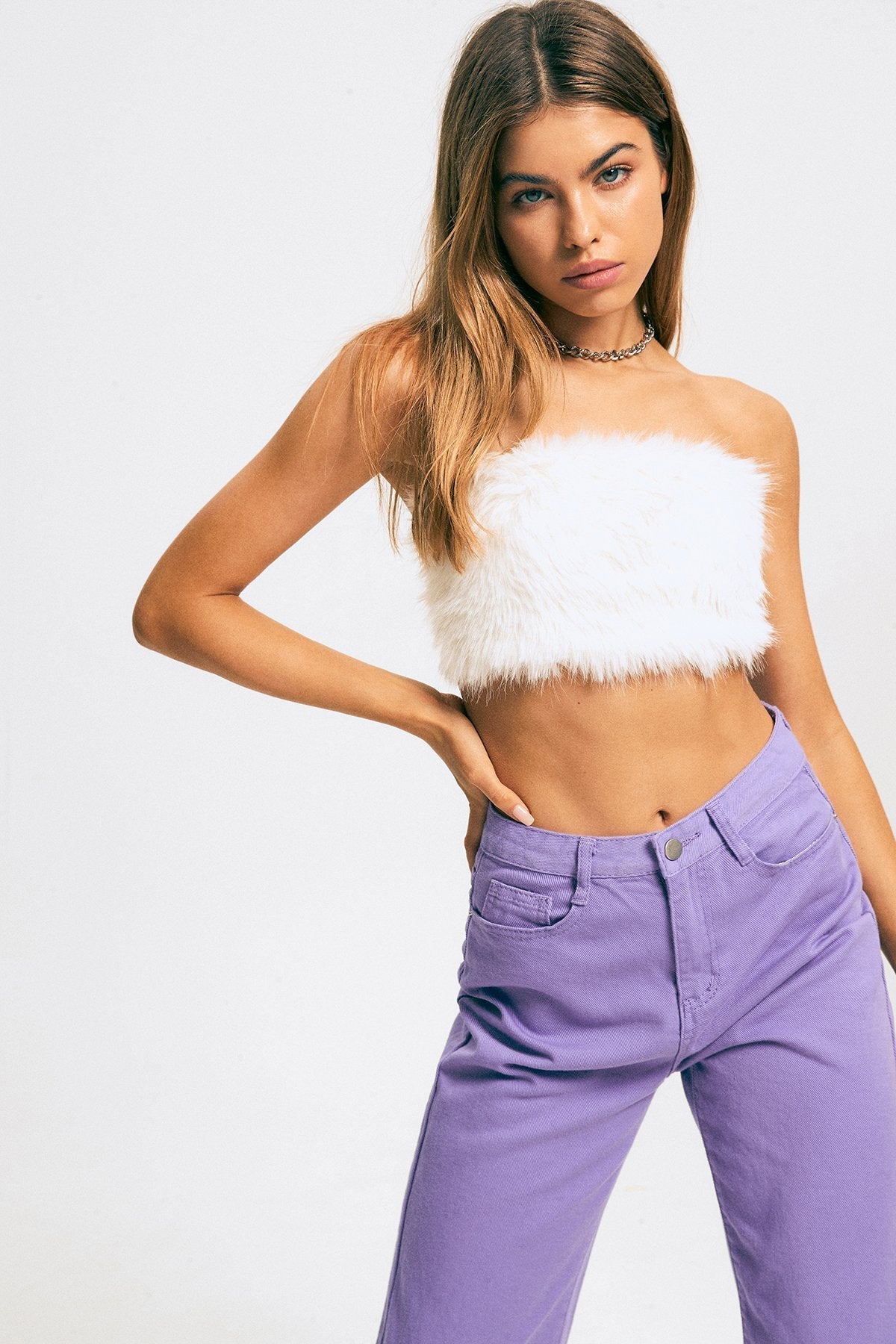 Fuzzy Off Shoulder Zipper Backless Tube Crop Top