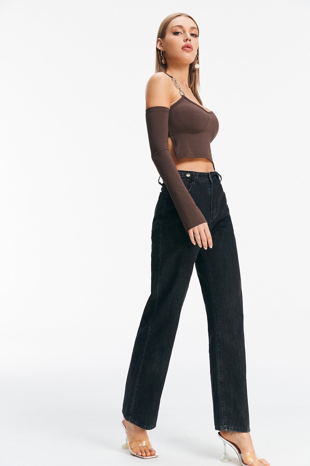 Chain Detail Slit Cuff Backless Crop Top