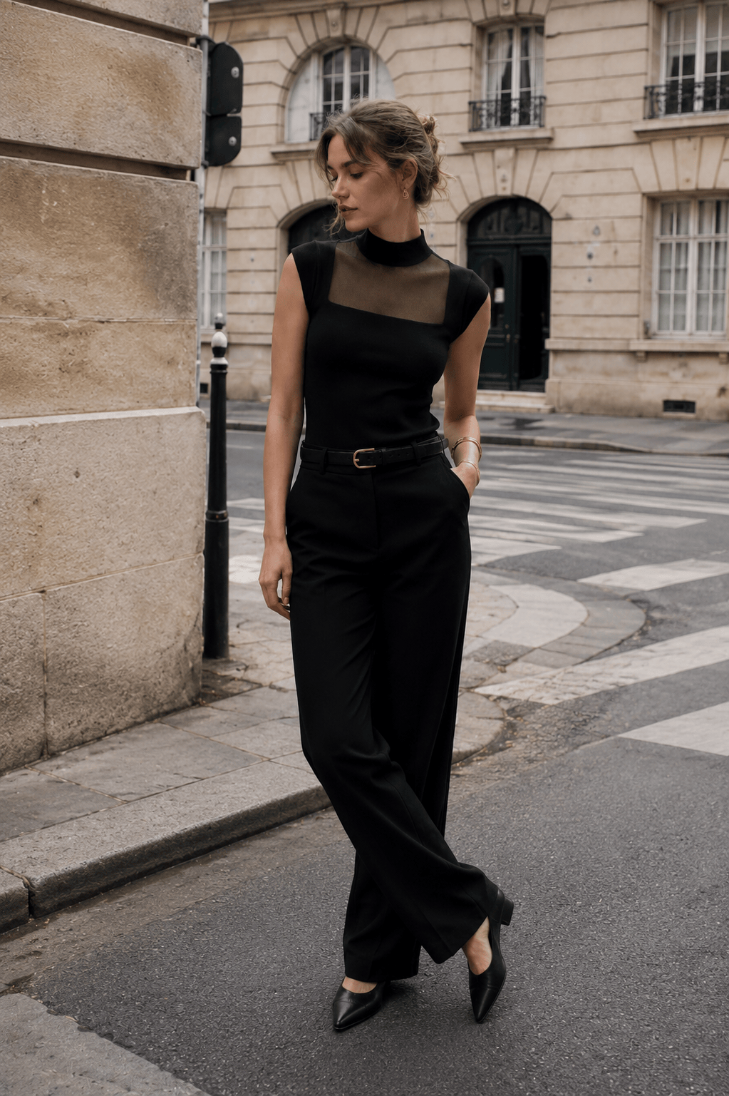 Mesh Panel Mock Neck Top