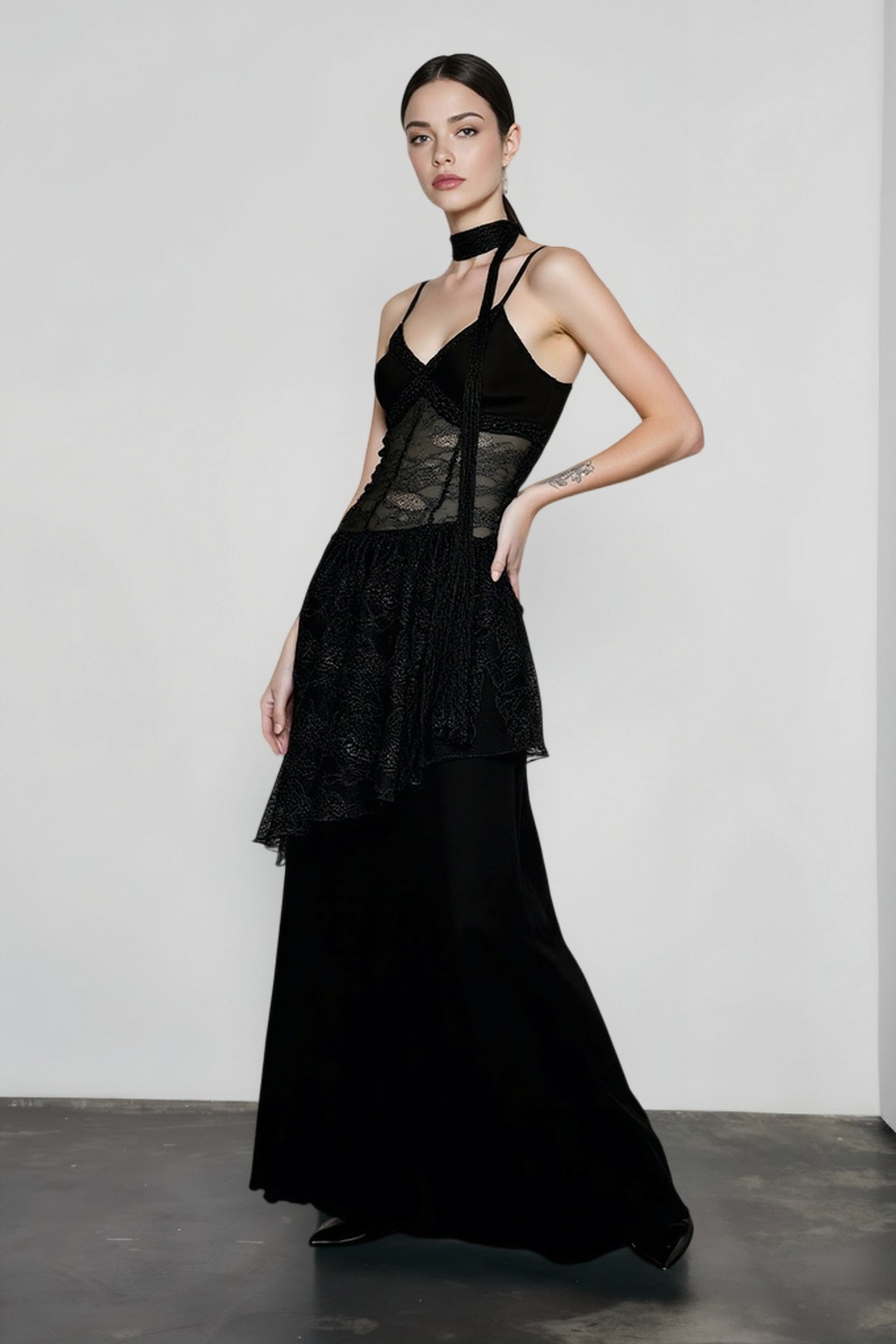 Lace Trim Sheer Waist Tie Cami Maxi Lace Dress
