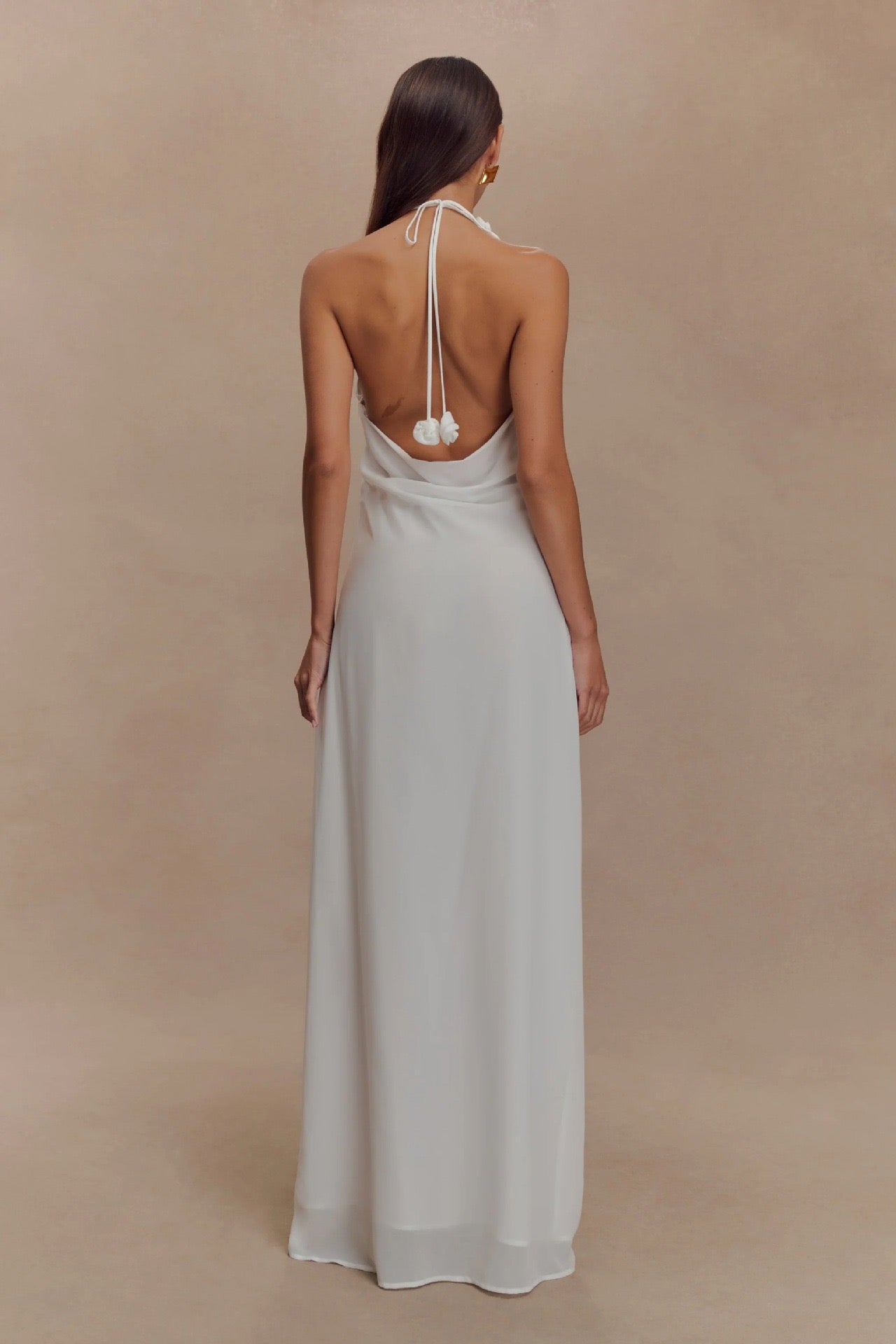 Satin Rosette Decor Halter Long Dress