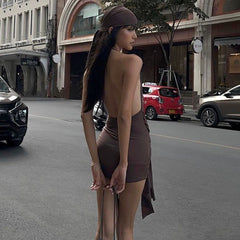 Heart Detail Cowl Neck Mini Dress in Brown