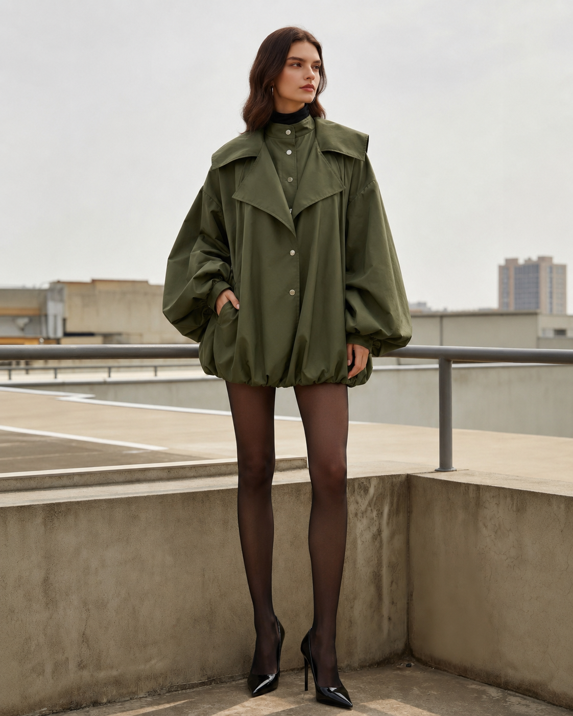 Retro Green Unique Oversized Slim Fake Two Piece Trench Jacket