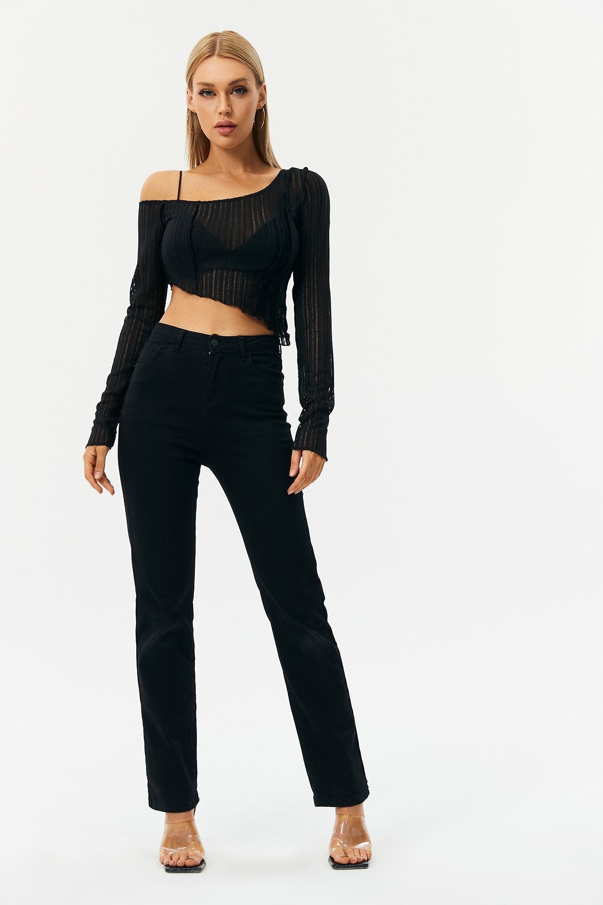 Asymmetric Hem Lettuce Trim Long Sleeve Top
