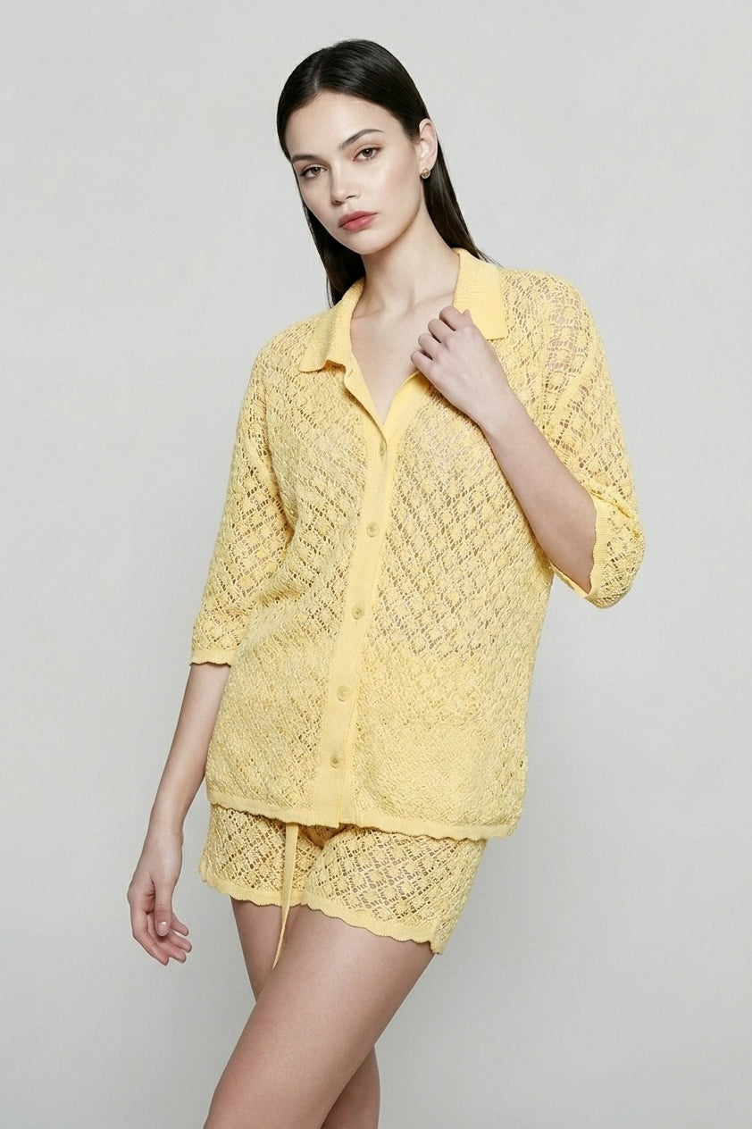 Crochet Lace Button Down Cardigan Vacation Set