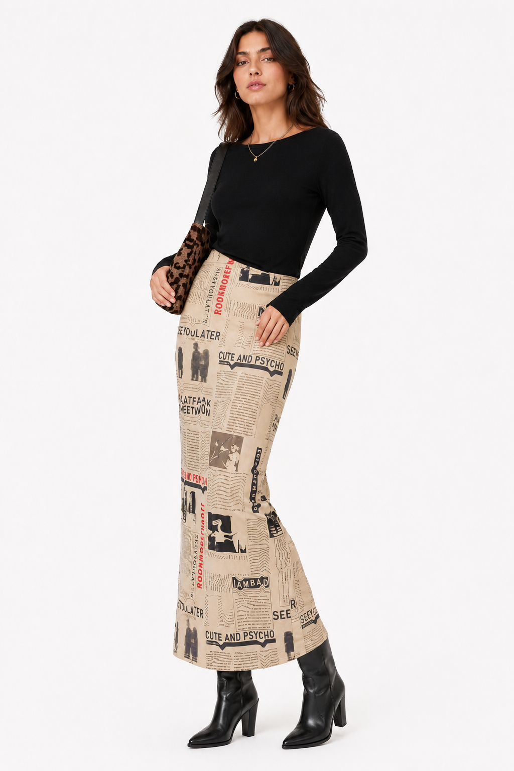 Y2K Vintage Newspaper Split Skirt