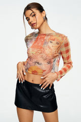 Mesh Character Print Long Sleeve Crop Top