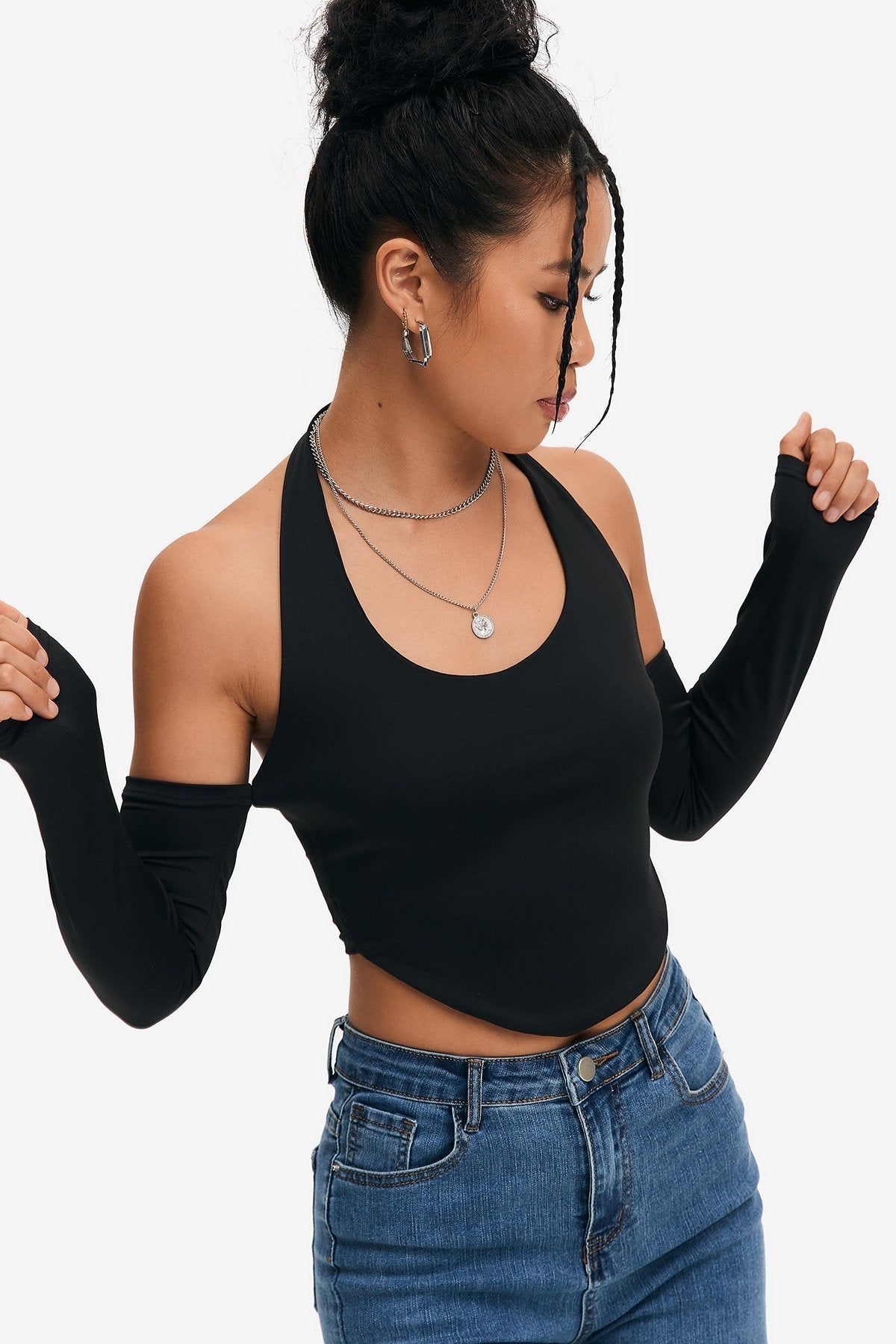 Cold Shoulder Backless Curved Hem Crop Top