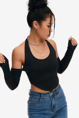 Cold Shoulder Backless Curved Hem Crop Top