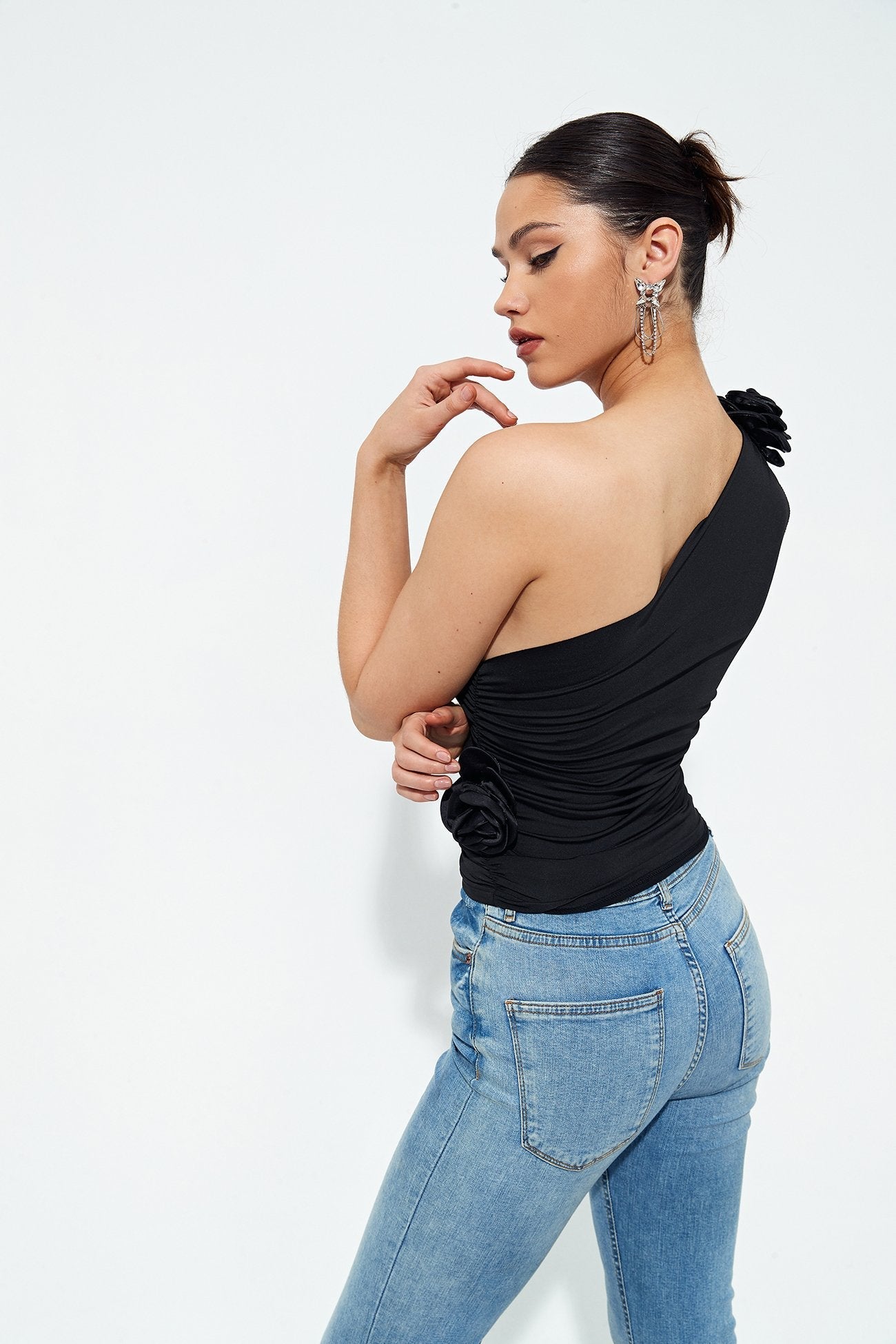 One Shoulder Three-dimensional Flower Ruched Top