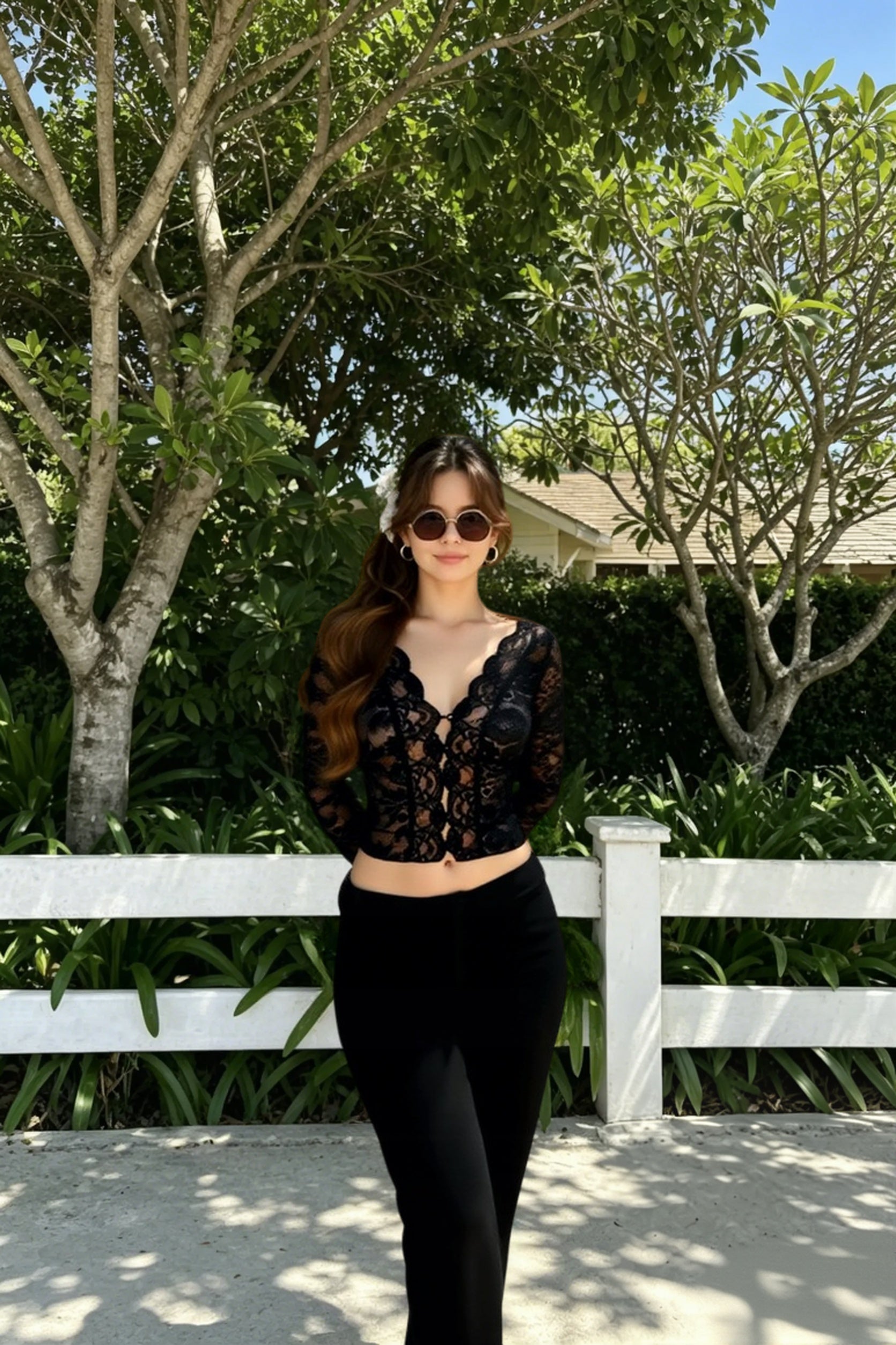 V-Neck Lace Long Sleeve Crop Top