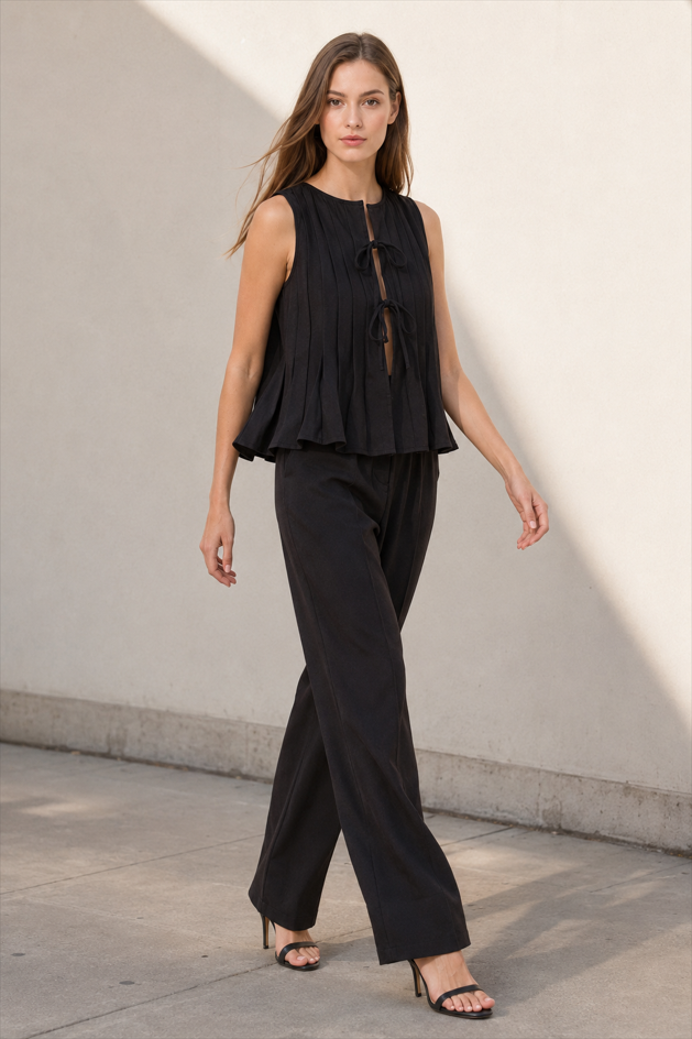 Solid Ruffled Tie Linen Cotton Shirt Tank Top