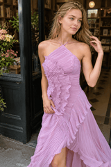 Elegant Neck Strap Ruffles Backless Floral Dress
