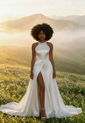 Elegant Satin Halter Train Reception Dress