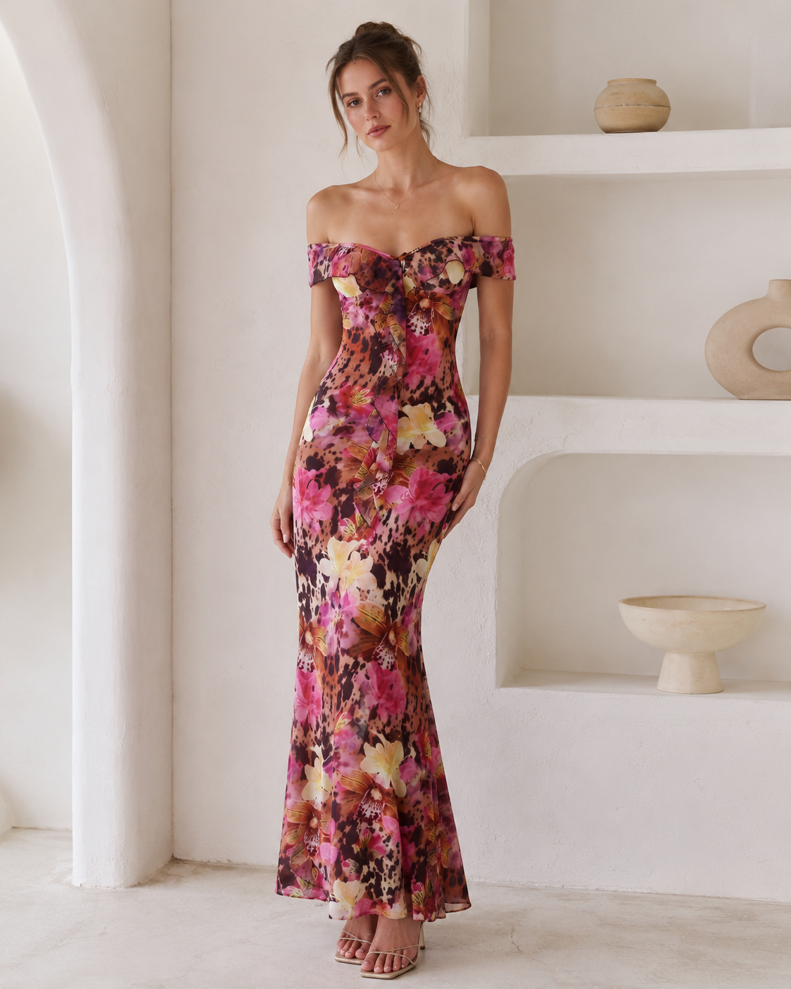 Tie Strapless Ruffled Print Sexy Bodycon Maxi Dress