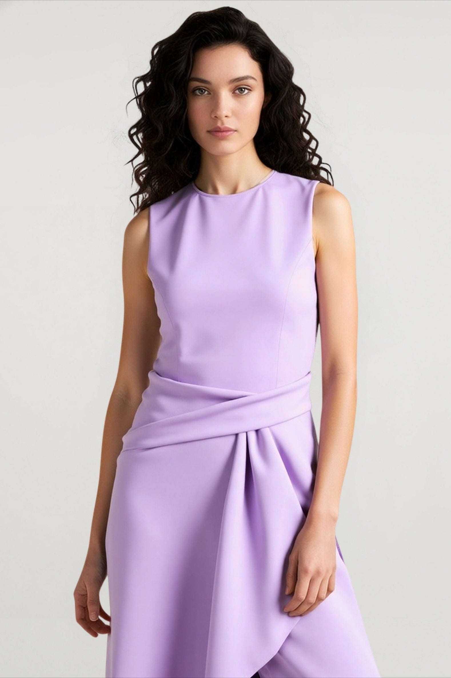 Solid Waisted Sleeveless Asymmetrical Long Work Dress
