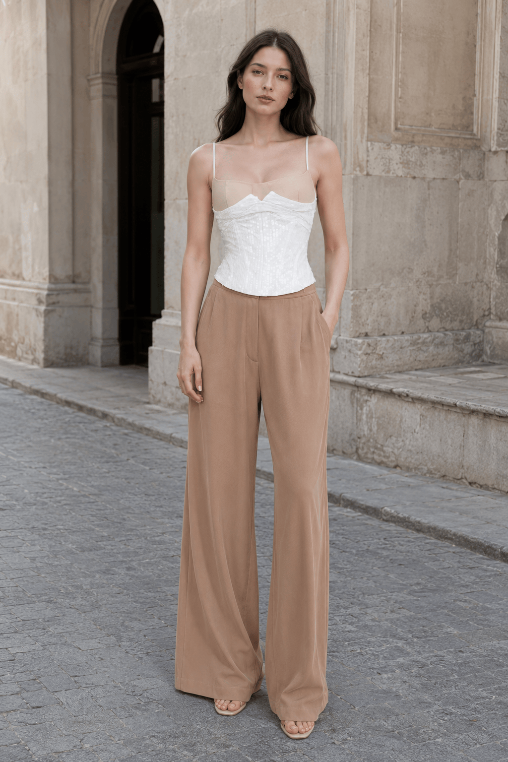 Patchwork Color Block Cinched Waist Tie Asymmetrical Cami Top
