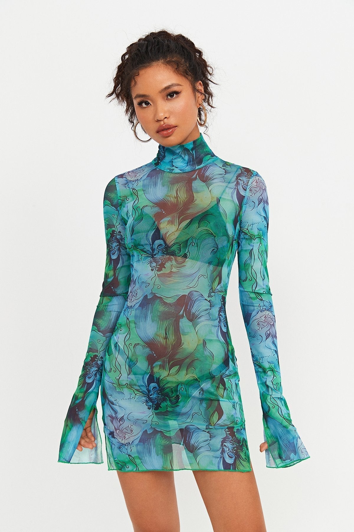 Abstract Print Split Hem Mesh Long Sleeve Mini Dress Without Underwear