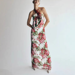Satin Rosette Decor Halter Long Dress