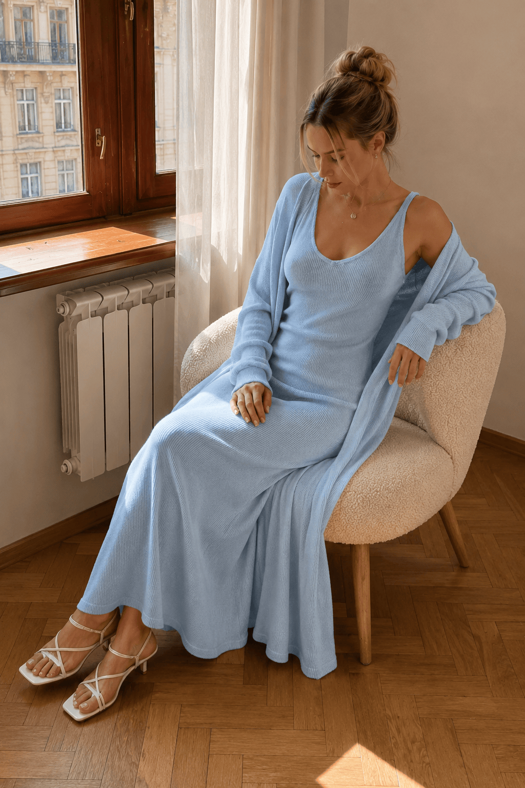 Solid V Neck Cotton Knit Bodycon Two Piece Set