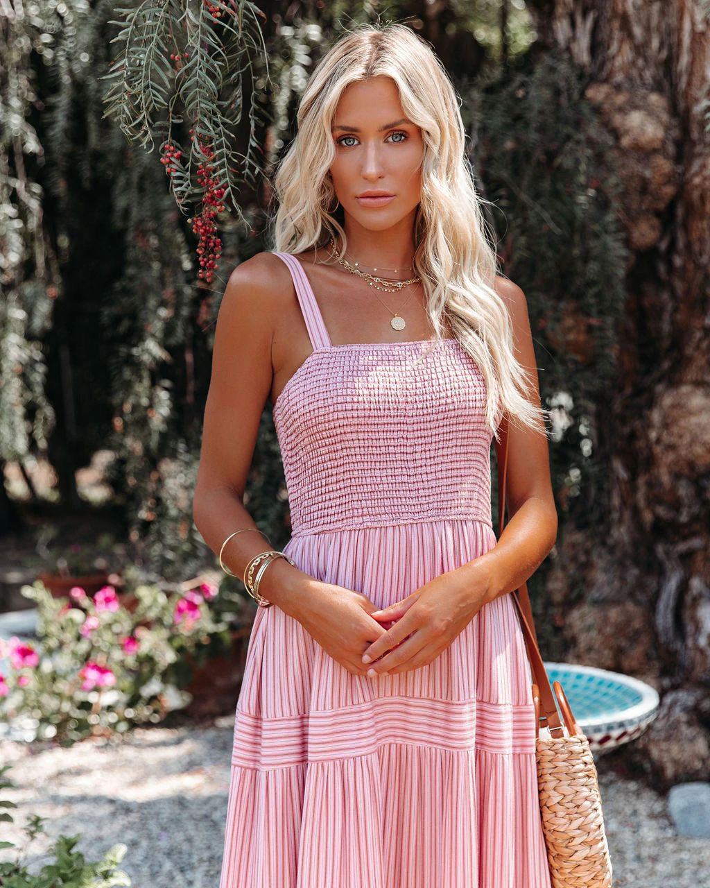 Pinstripe Shirred Backless Long Cami Dress