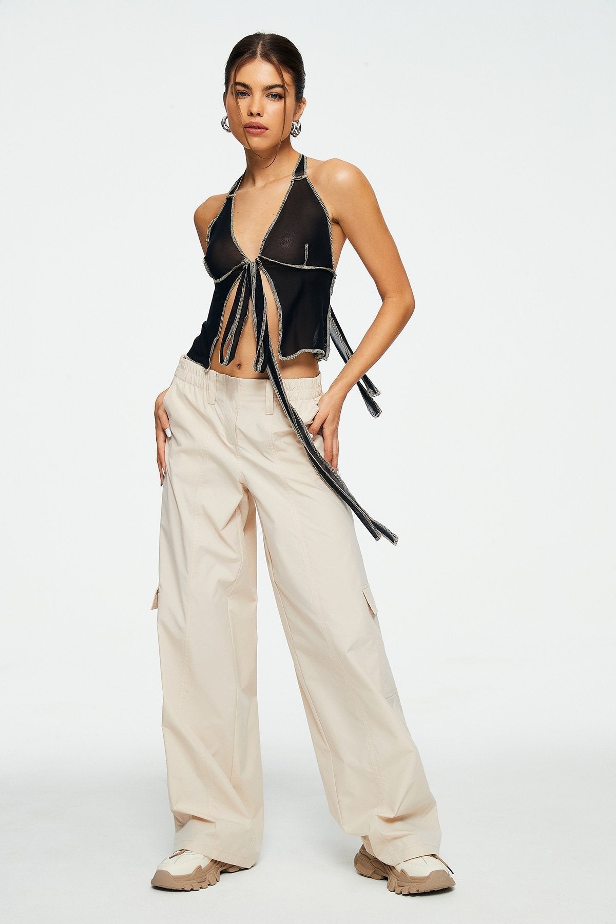 Top-stitching Split Hem Backless Mesh Crop Top