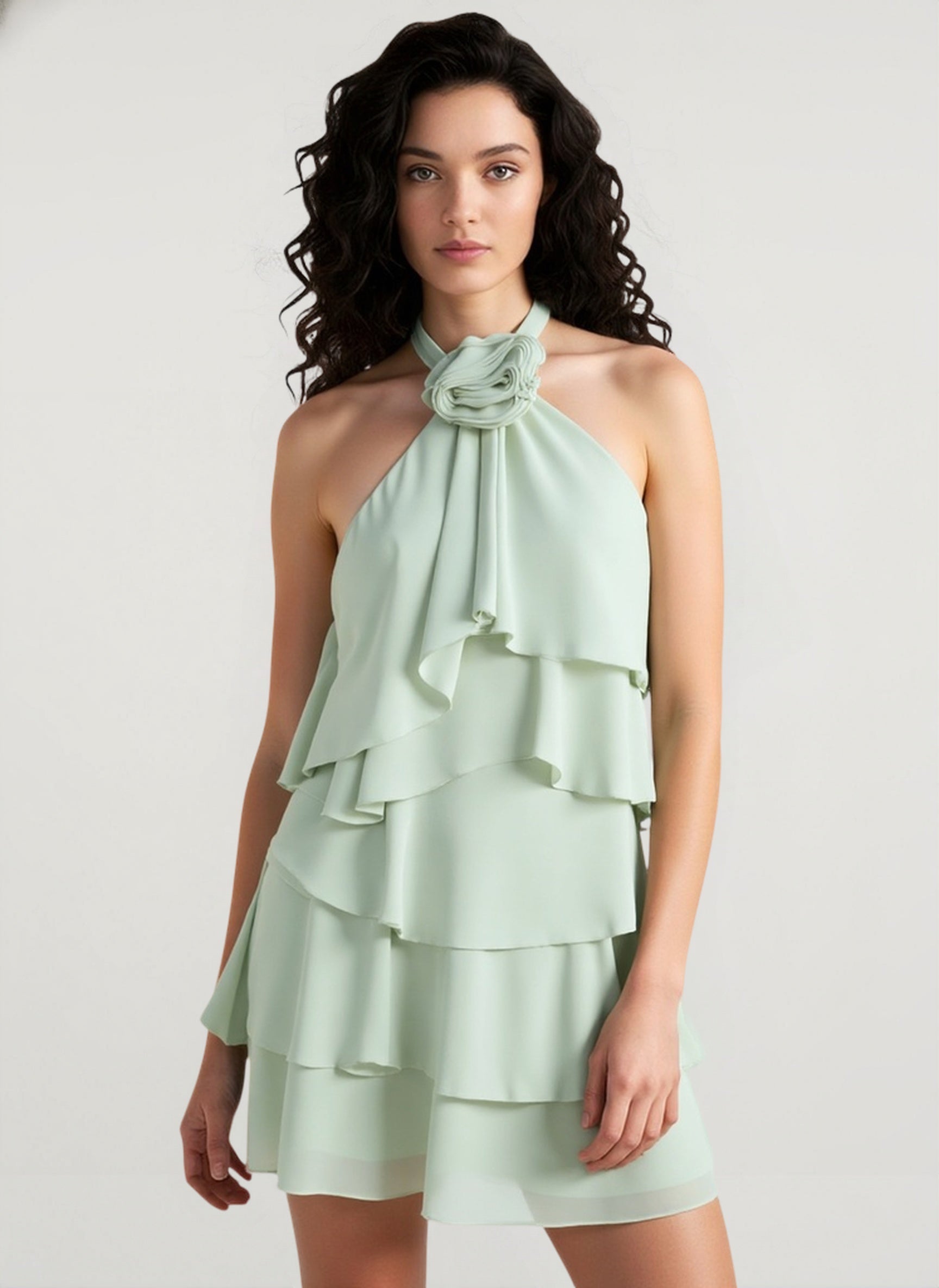 Halter Backless Floral Ruffle Mini Dress