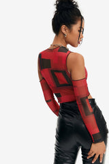 Mesh Cold Shoulder Geometric Print Crop Top