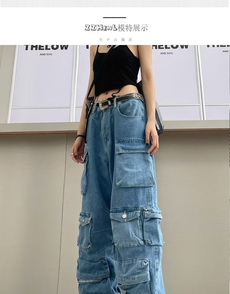 Multi Pocket Rolled Hem Wide Leg Cargo Jeans